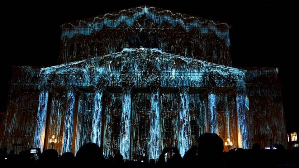 waterfall projected on building